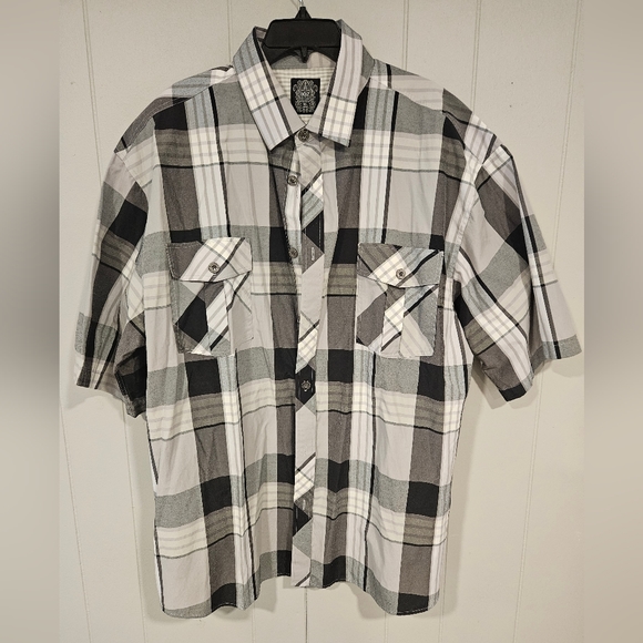 noiz NWT Men’s Short Sleeve plaid button up shirt size 4XL black - Picture 1 of 4
